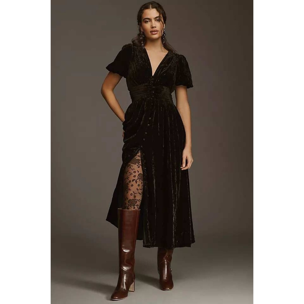 Anthropologie Katerina Button Front Velvet Dress 8 Black Corset Dark Romantic